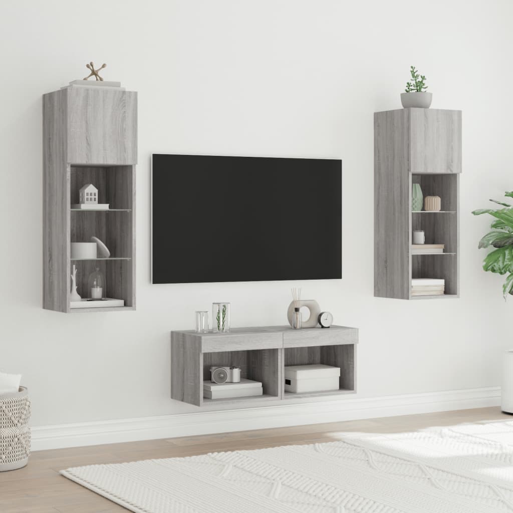 4-tlg. TV-Wohnwand mit LED-Leuchten Grau Sonoma