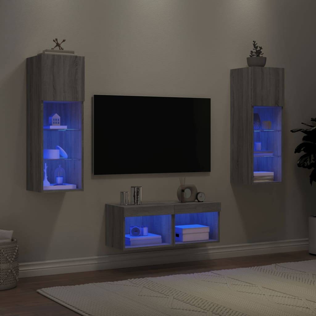 4-tlg. TV-Wohnwand mit LED-Leuchten Grau Sonoma