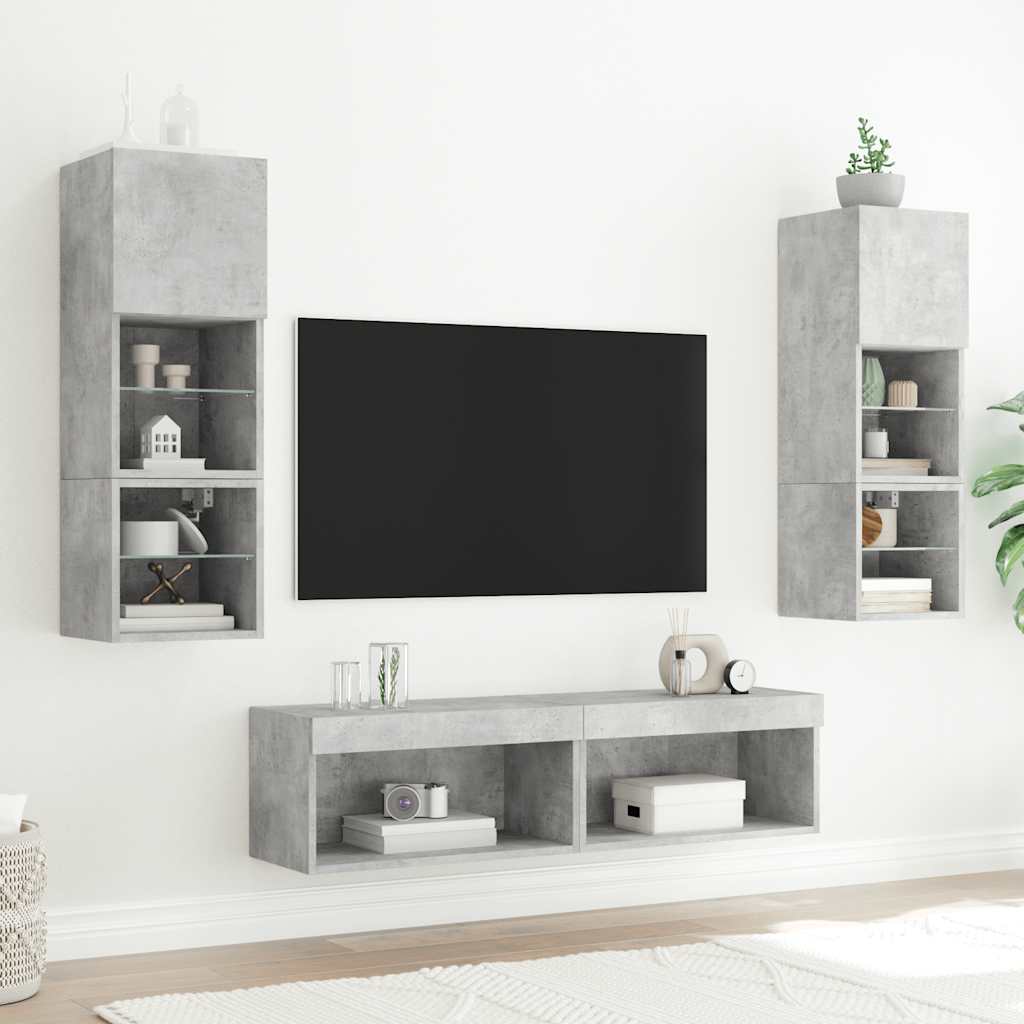 6-tlg. Wohnwand mit LED-Beleuchtung Betongrau Holzwerkstoff