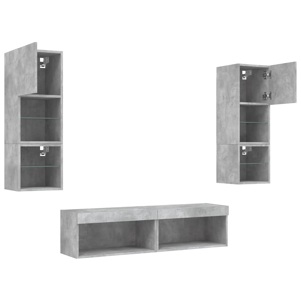 6-tlg. Wohnwand mit LED-Beleuchtung Betongrau Holzwerkstoff