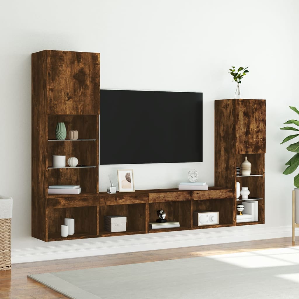 4-tlg. Wohnwand mit LED-Beleuchtung Räuchereiche Holzwerkstoff