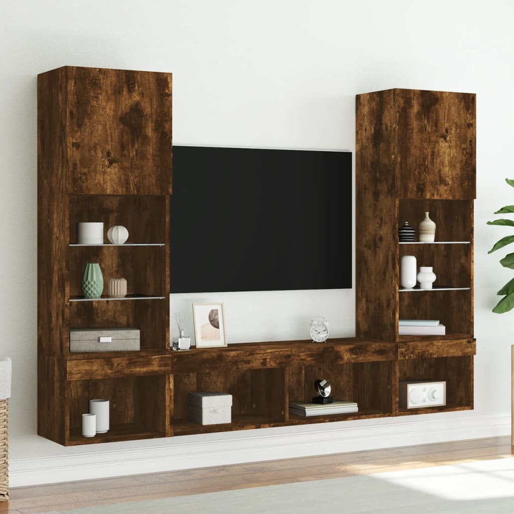 5-tlg. Wohnwand mit LED-Beleuchtung Räuchereiche Holzwerkstoff