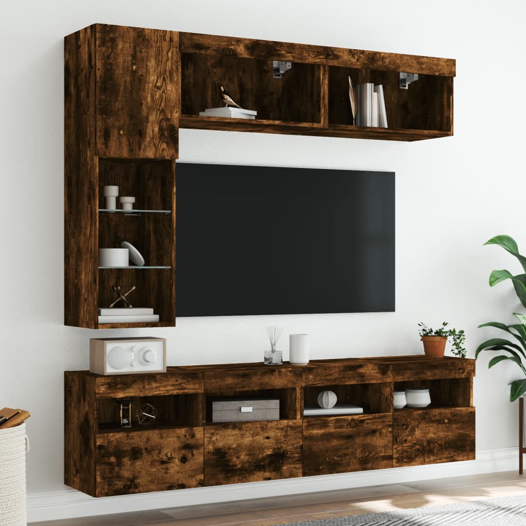 7-tlg. TV-Wohnwand mit LED-Leuchten Räuchereiche