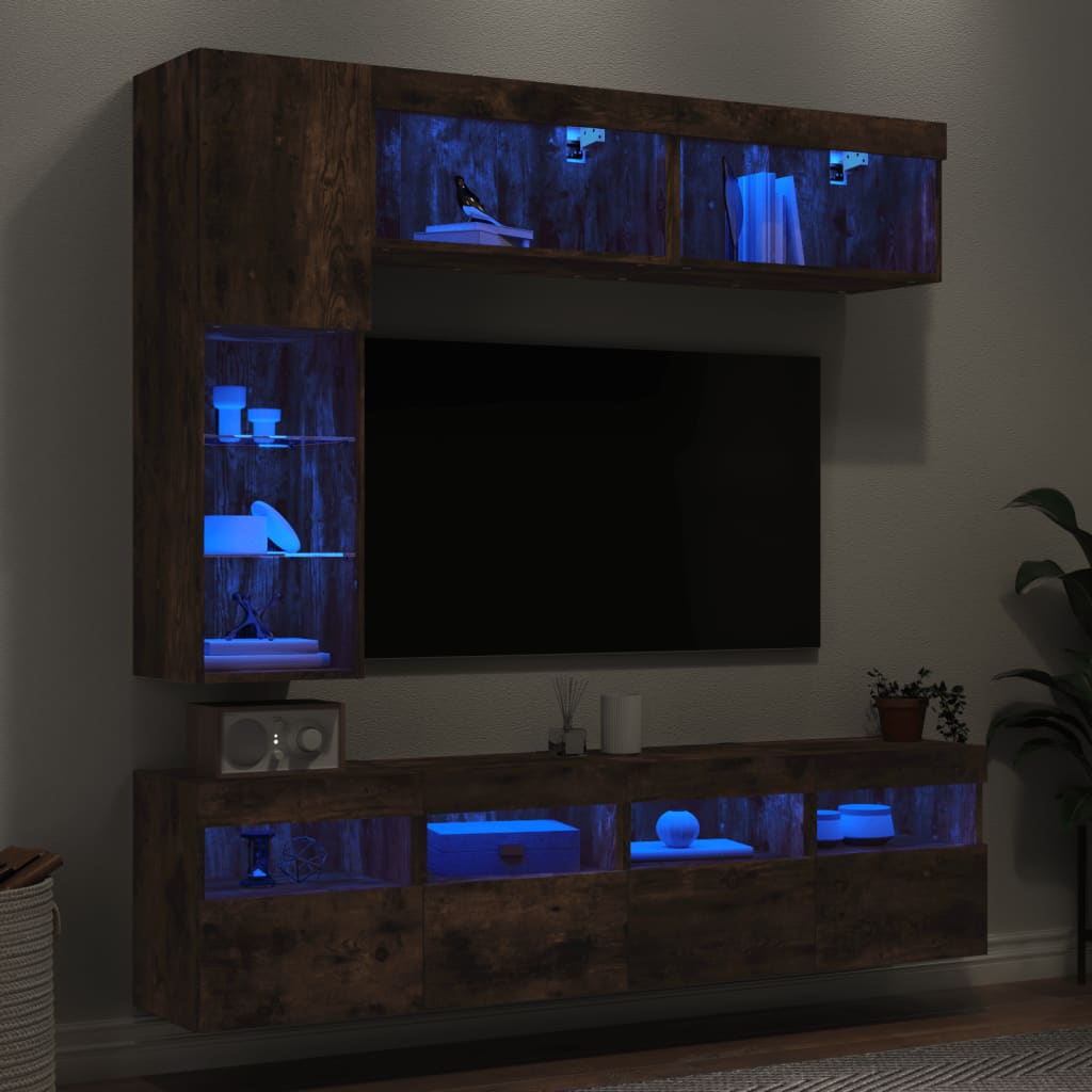 7-tlg. TV-Wohnwand mit LED-Leuchten Räuchereiche