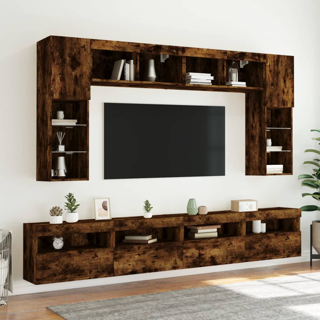 8-tlg. TV-Wohnwand mit LED-Leuchten Räuchereiche