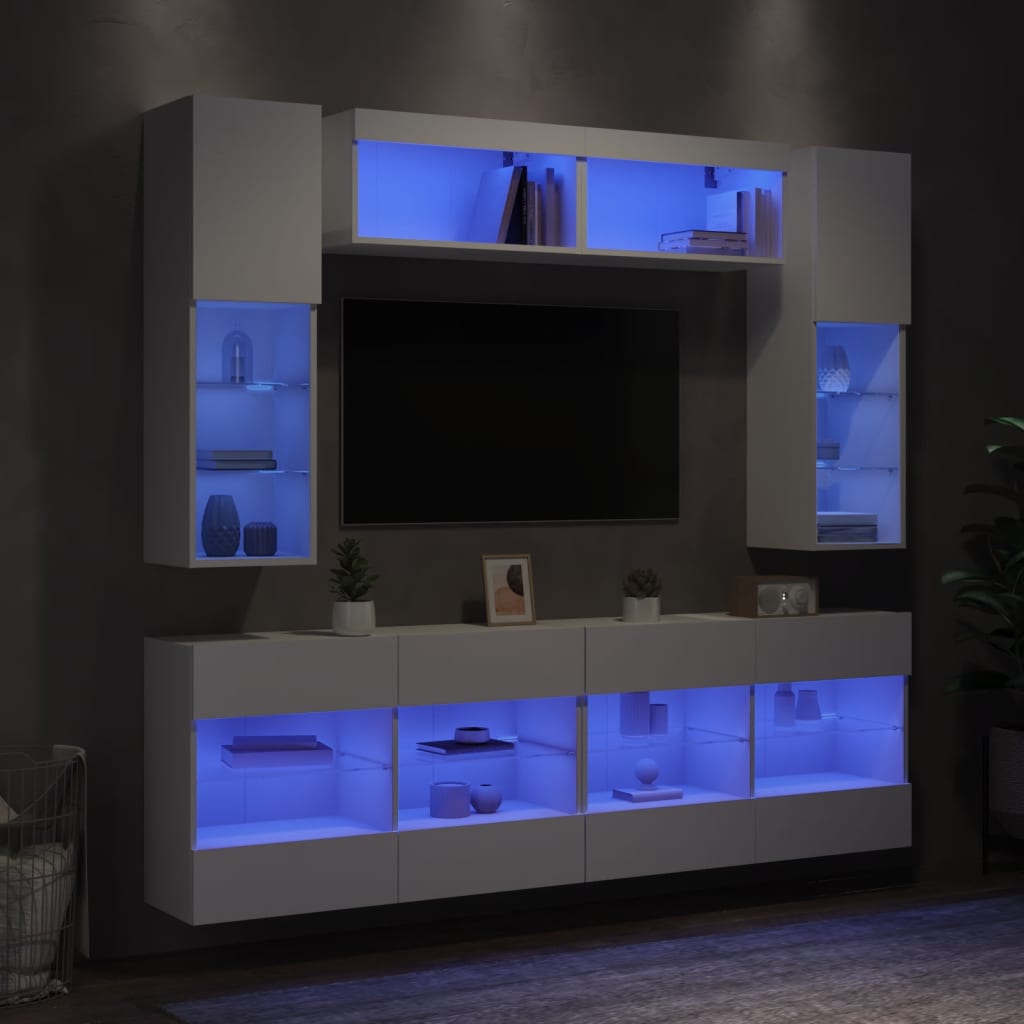 6-tlg. TV-Wohnwand mit LED-Leuchten Weiß