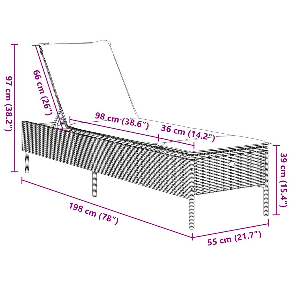 Sonnenliege mit Kissen Schwarz Poly Rattan