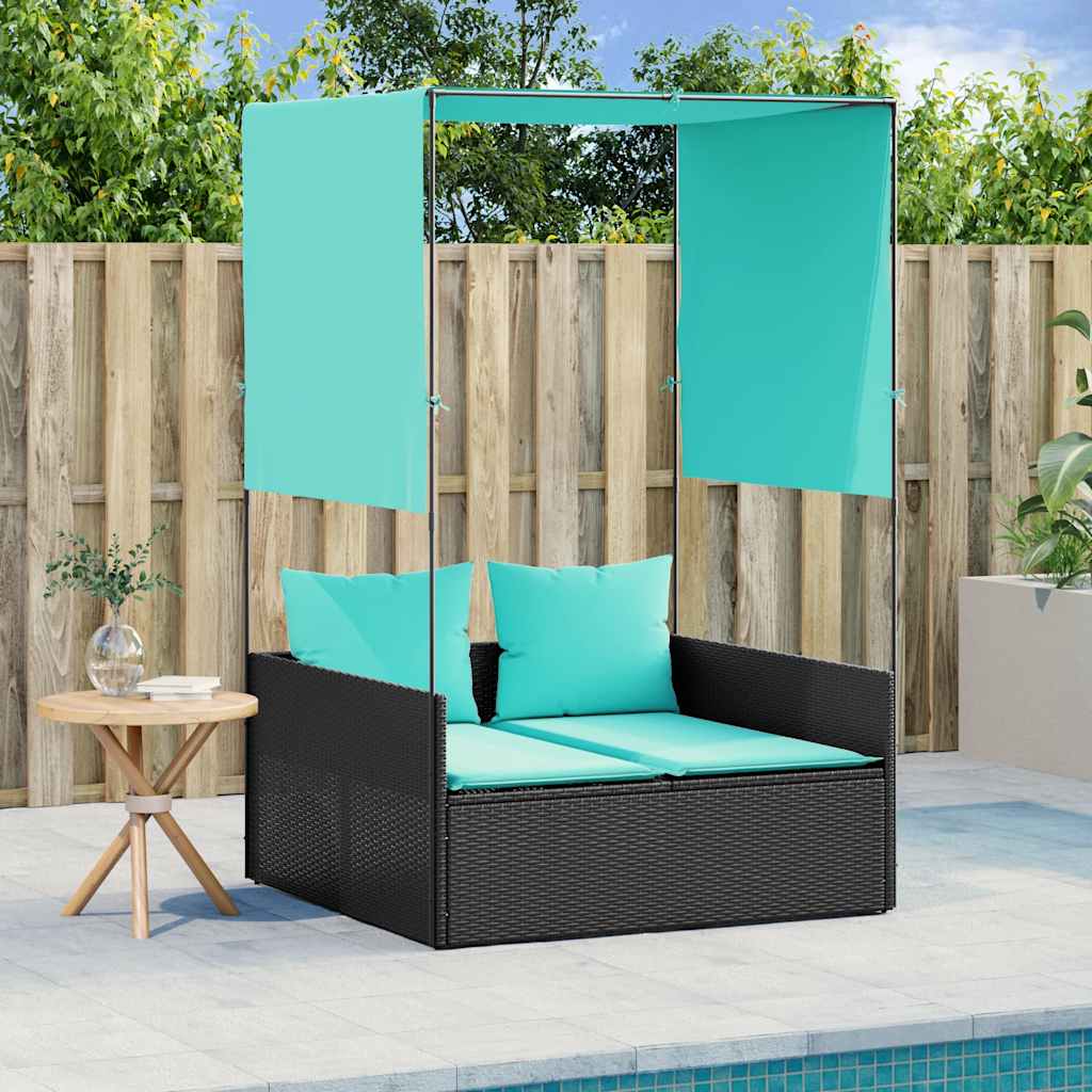 Doppelte Sonnenliege mit Dach und Vorhängen, schwarzes Polyrattan