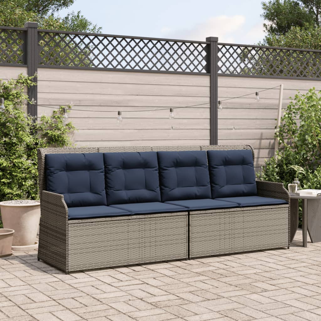 Gartenbank mit Liegefunktion und Kissen Grau Polyrattan
