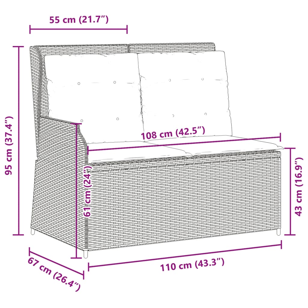 Gartenbank mit Liegefunktion und Kissen Grau Polyrattan