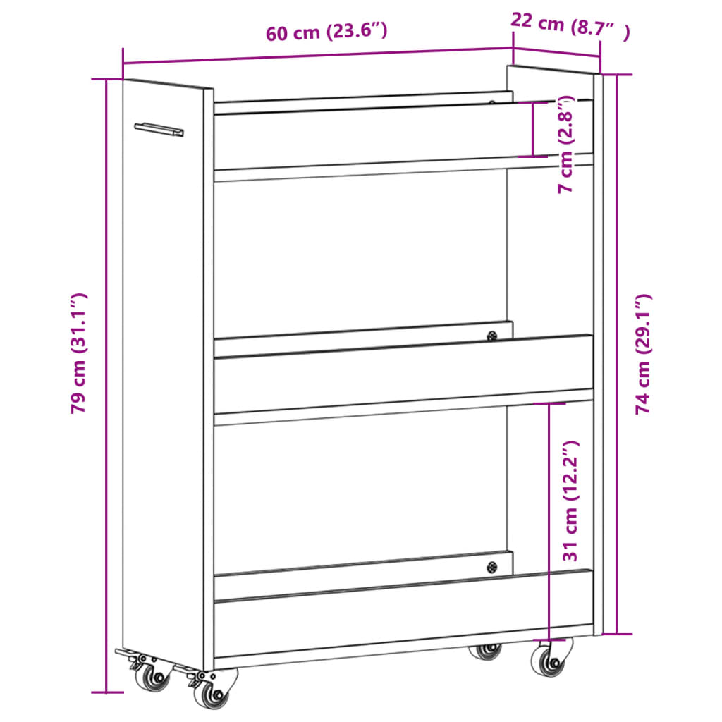 Schrank mit Rollen Weiß 60x22x79 cm Holzwerkstoff