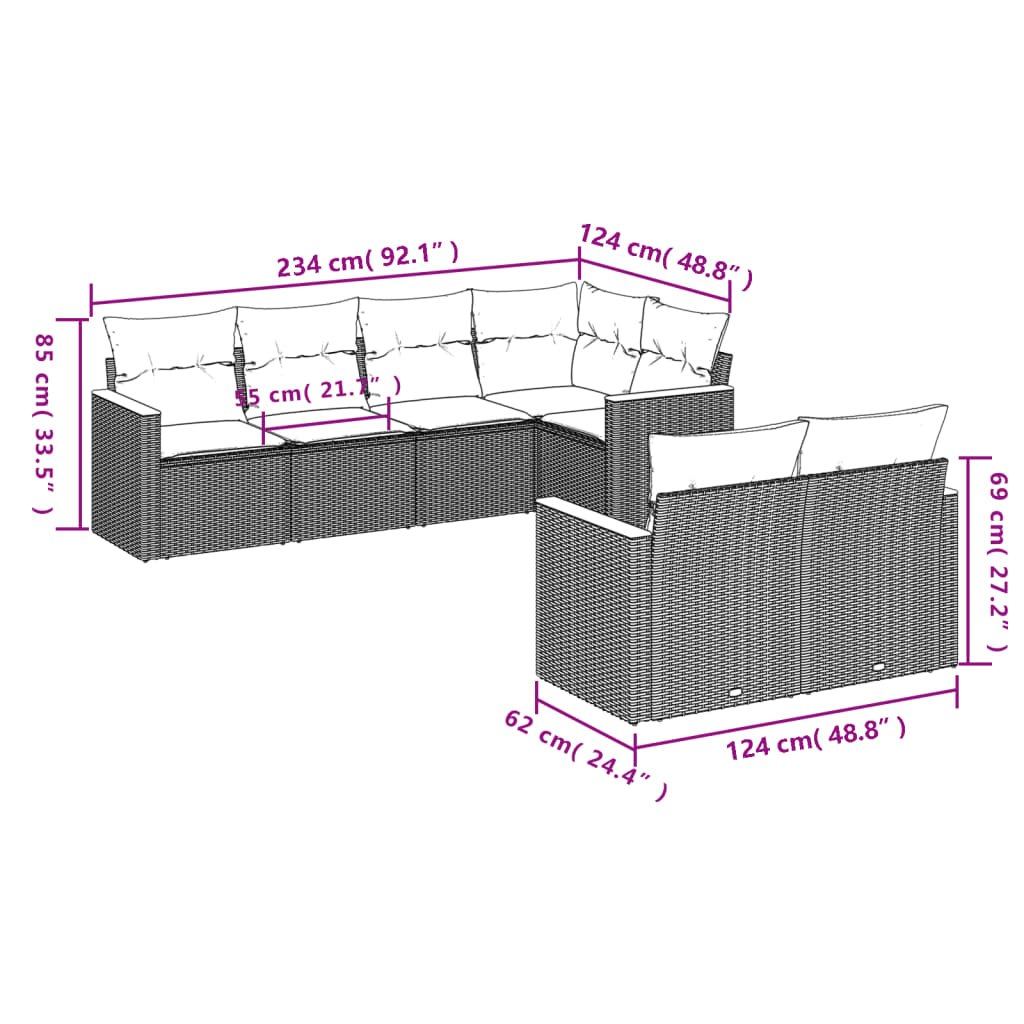 7-teiliges Gartensofa-Set mit Kissen, schwarzes Polyrattan
