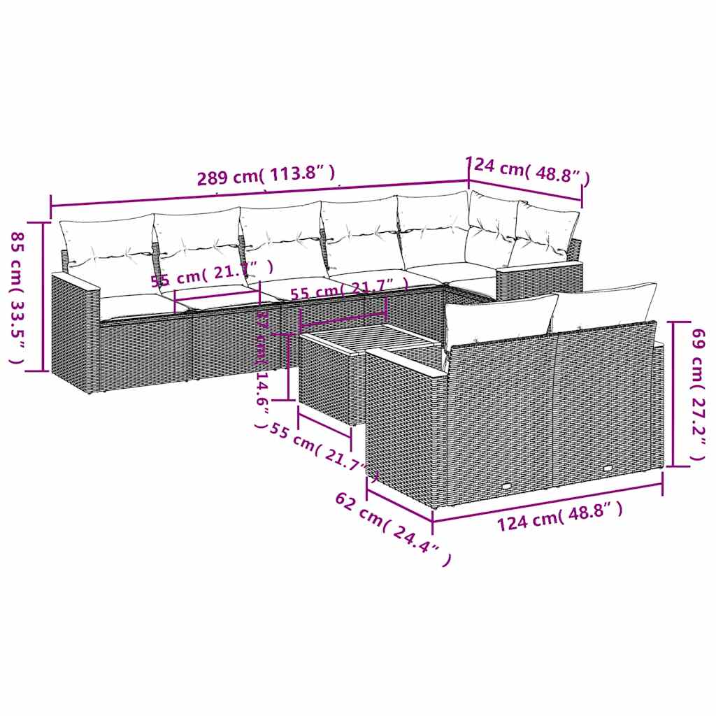 9-tlg. Garten-Sofagarnitur mit Kissen Schwarz Poly Rattan