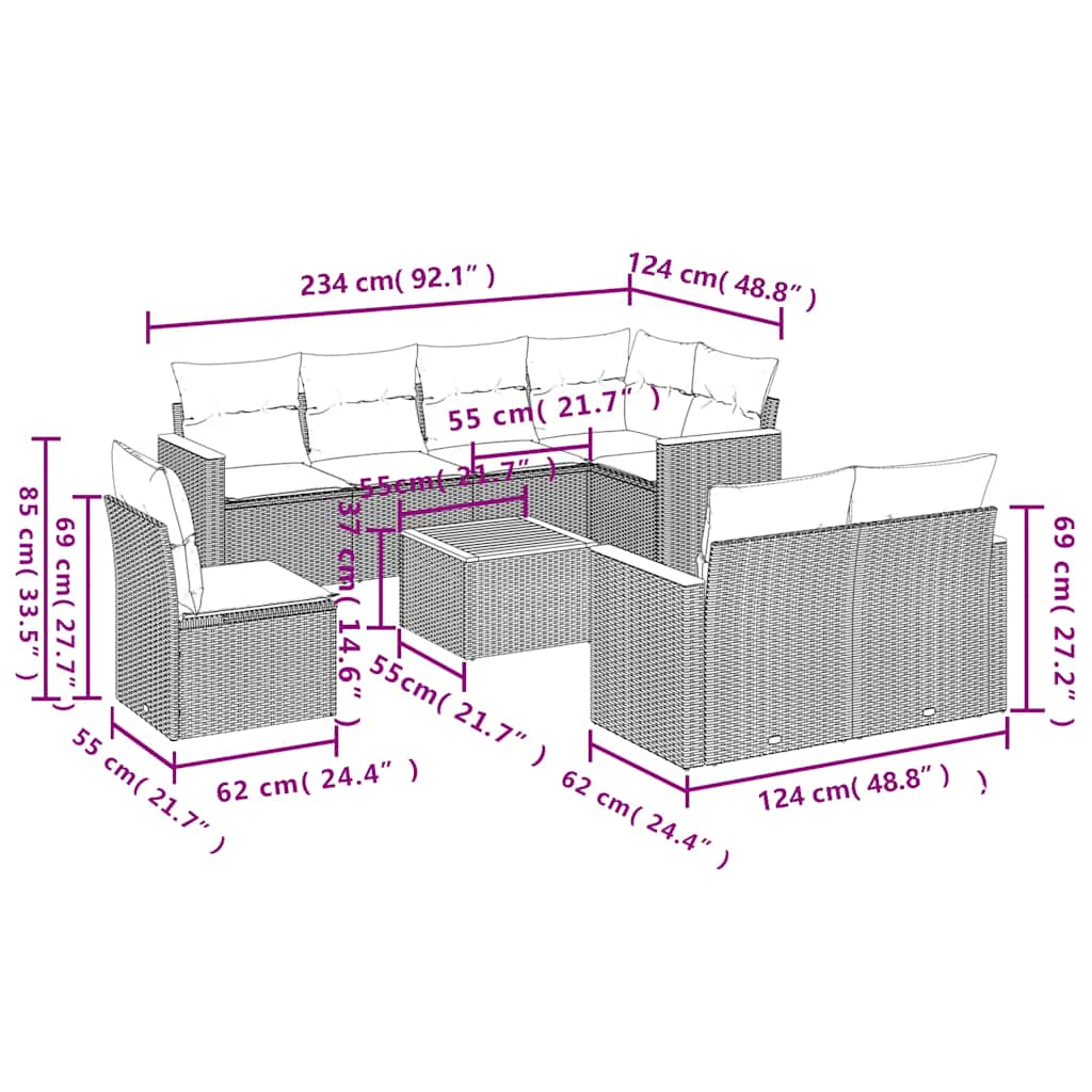 9-tlg. Garten-Sofagarnitur mit Kissen Schwarz Poly Rattan