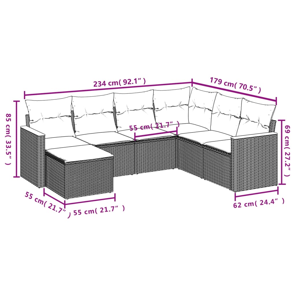 7-teiliges Gartensofa-Set mit Kissen, schwarzes Polyrattan