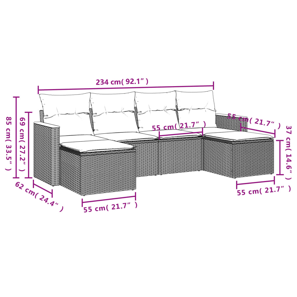 6-tlg. Garten-Sofagarnitur mit Kissen Grau Poly Rattan