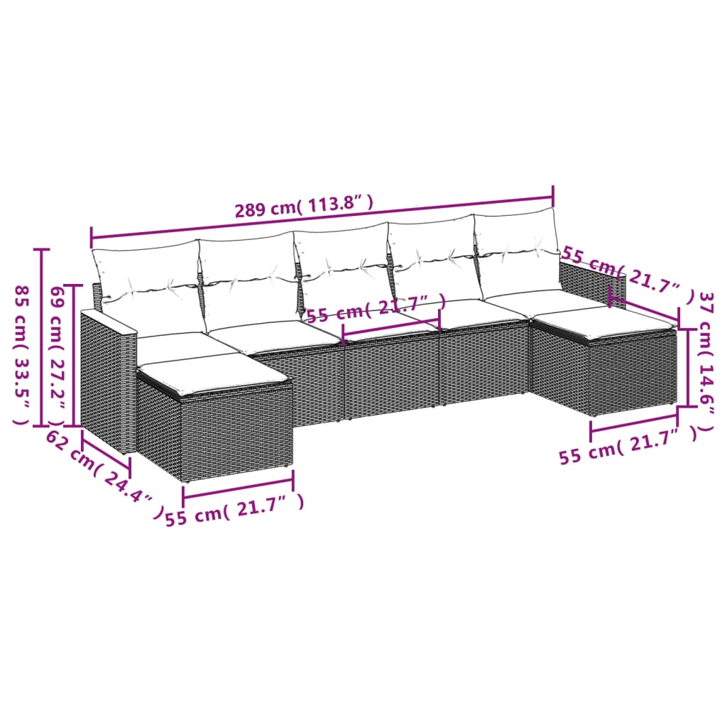 7-teiliges Gartensofa-Set mit Kissen, schwarzes Polyrattan