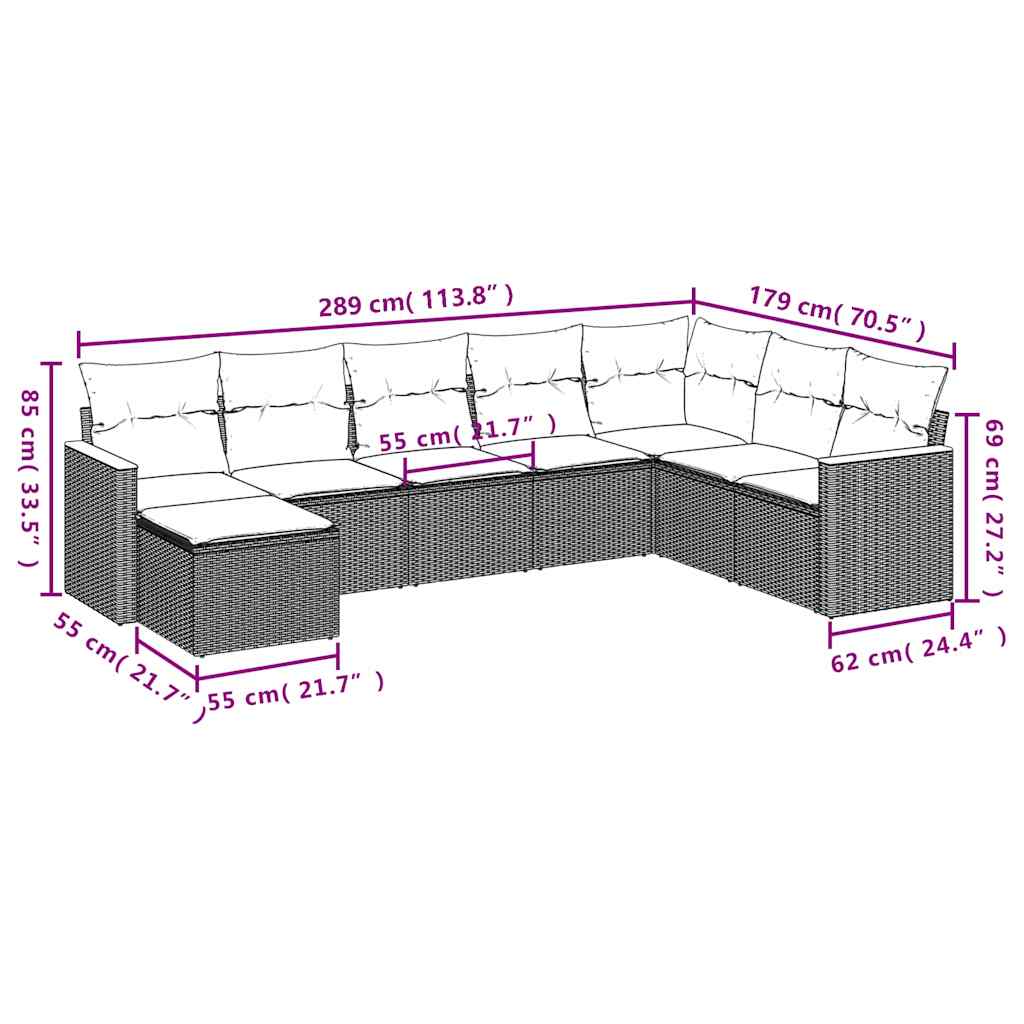 8-teiliges Gartensofa-Set mit Kissen, schwarzes Polyrattan