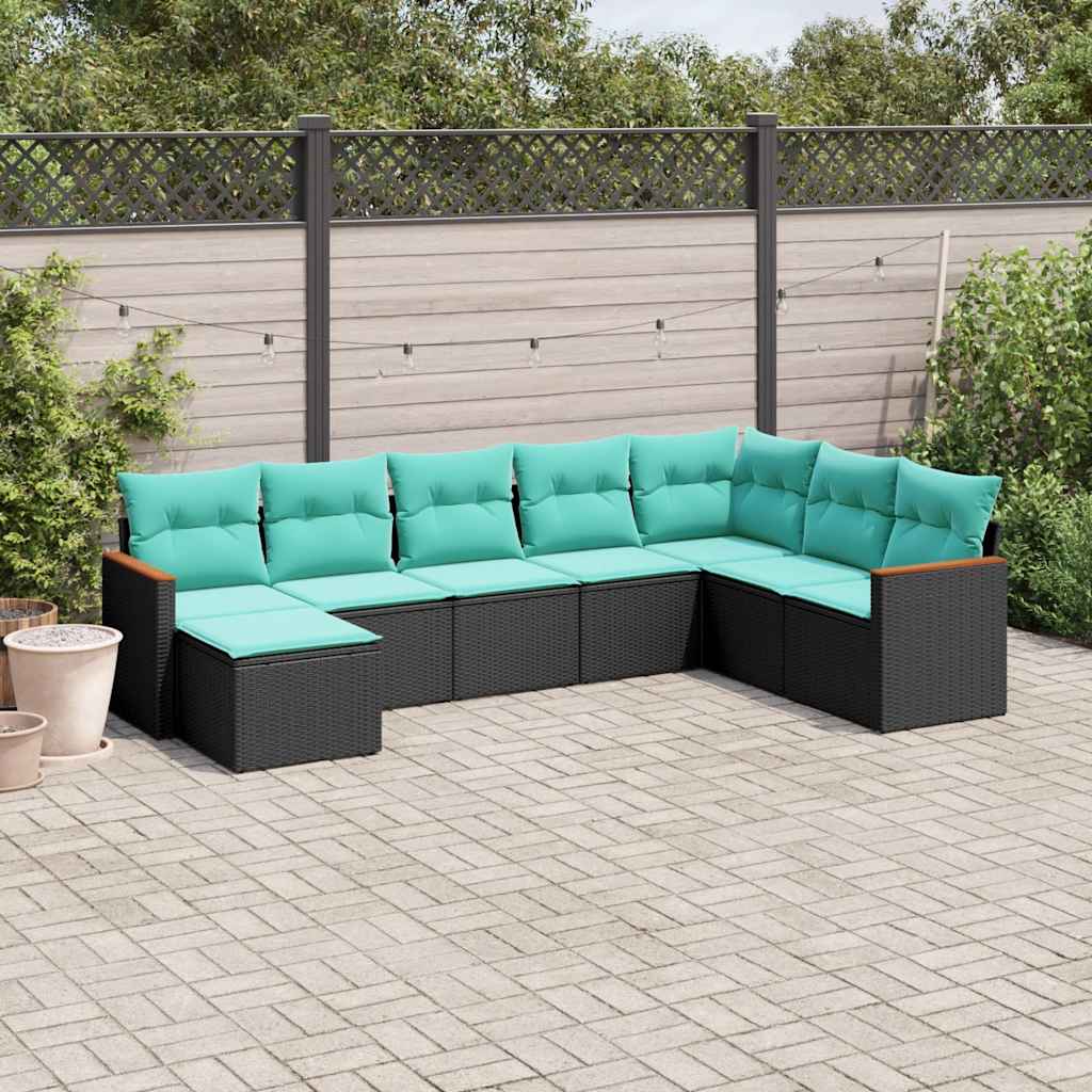 8-teiliges Gartensofa-Set mit Kissen, schwarzes Polyrattan