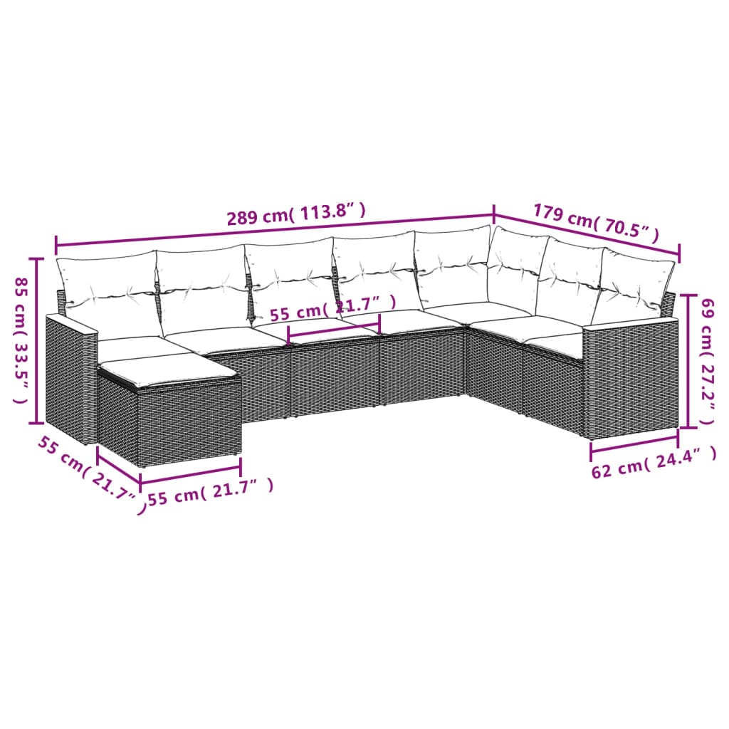 8-tlg. Garten-Sofagarnitur mit Kissen Grau Poly Rattan
