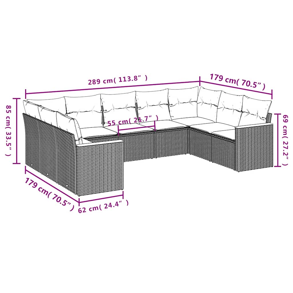 9-teiliges Gartensofa-Set mit Kissen, schwarzes Polyrattan
