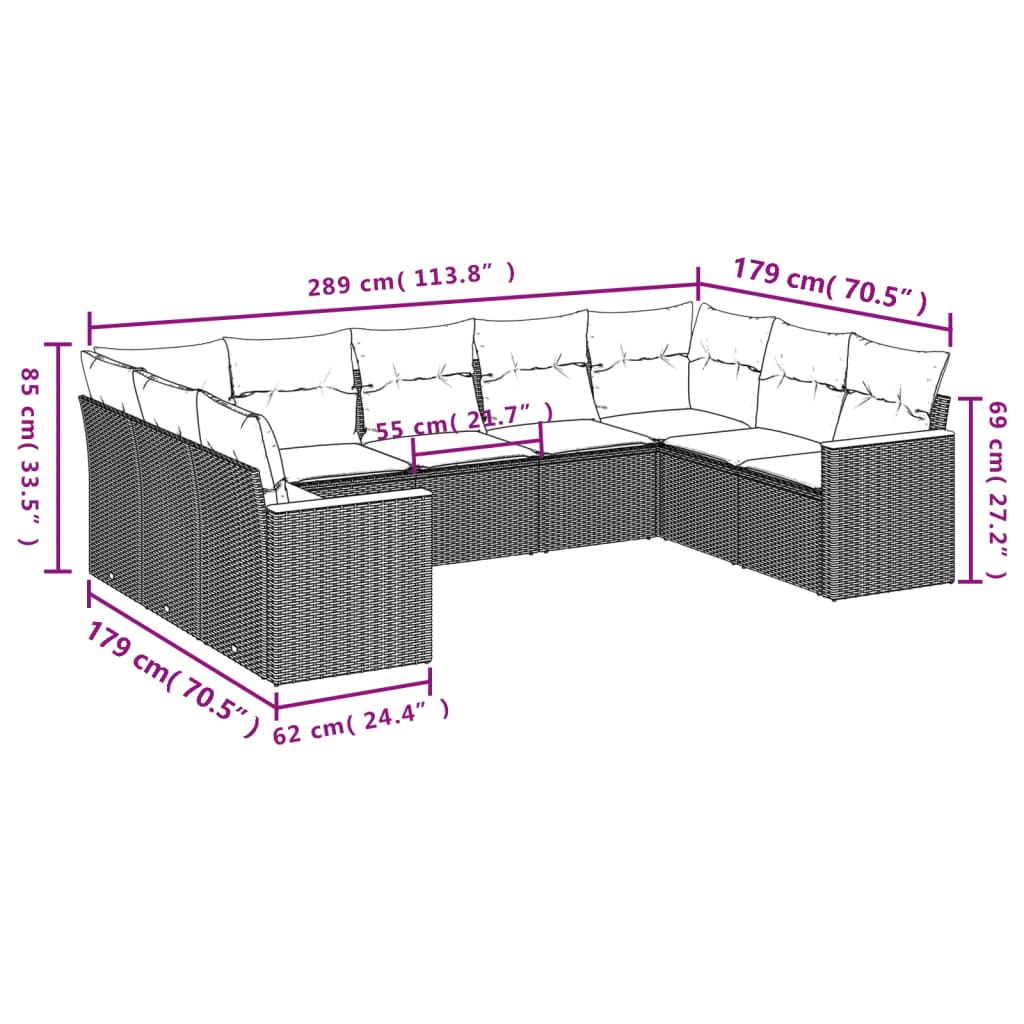 9-teiliges Gartensofa-Set mit Kissen, grau, Polyrattan