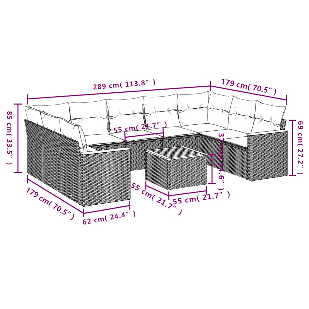 10-teiliges Gartensofa-Set mit Kissen, schwarzes Polyrattan