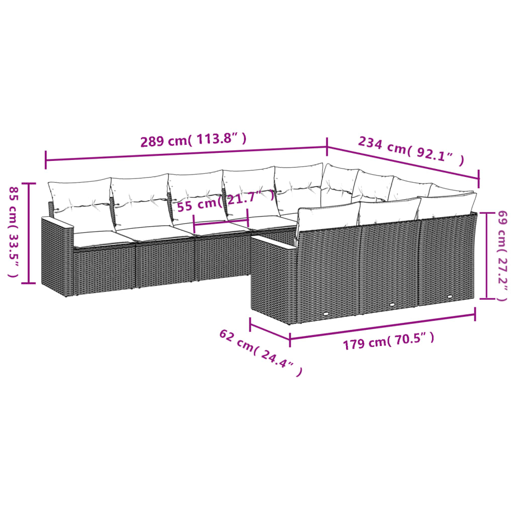 10-teiliges Gartensofa-Set mit Kissen, grau, Polyrattan