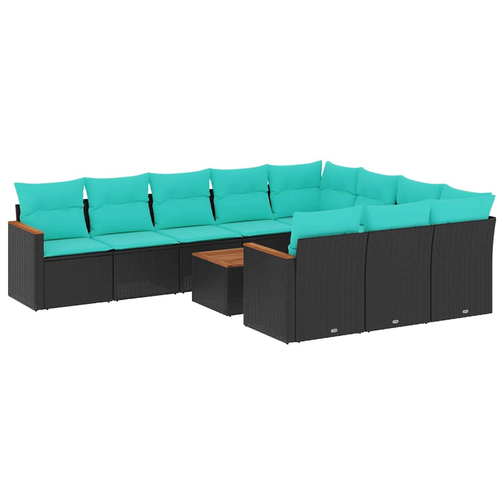11-teiliges Gartensofa-Set mit Kissen, schwarzes Polyrattan