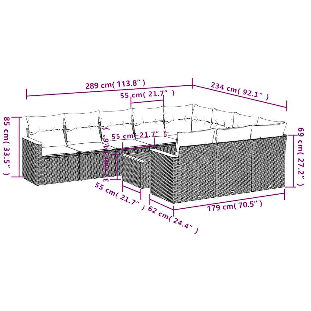 11-teiliges Gartensofa-Set mit Kissen, schwarzes Polyrattan
