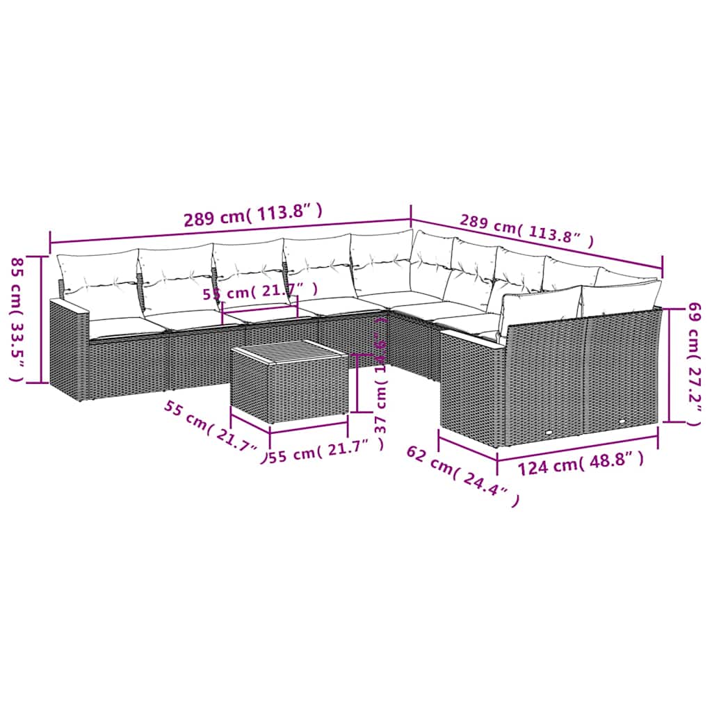 11-teiliges Gartensofa-Set mit Kissen, schwarzes Polyrattan