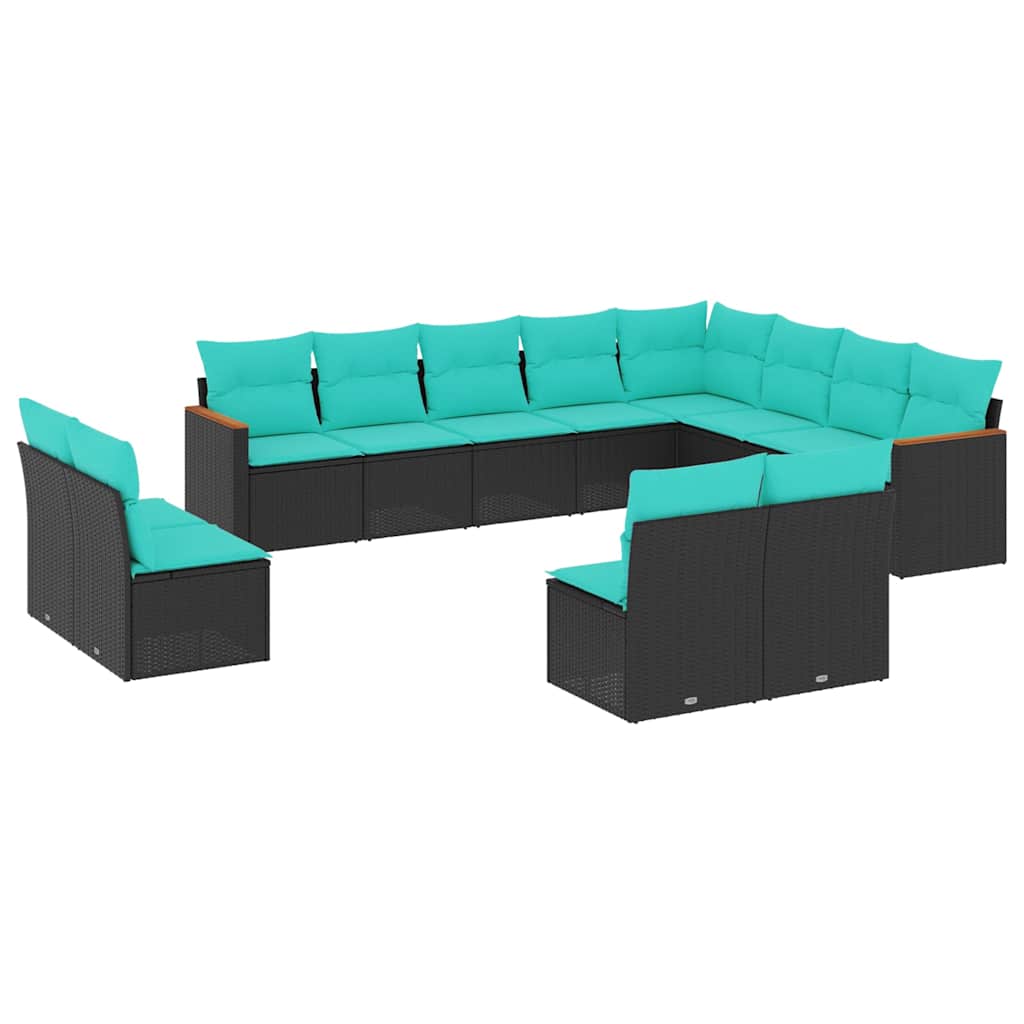 12-teiliges Gartensofa-Set mit Kissen, schwarzes Polyrattan