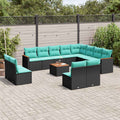 13-teiliges Gartensofa-Set mit Kissen, schwarzes Polyrattan