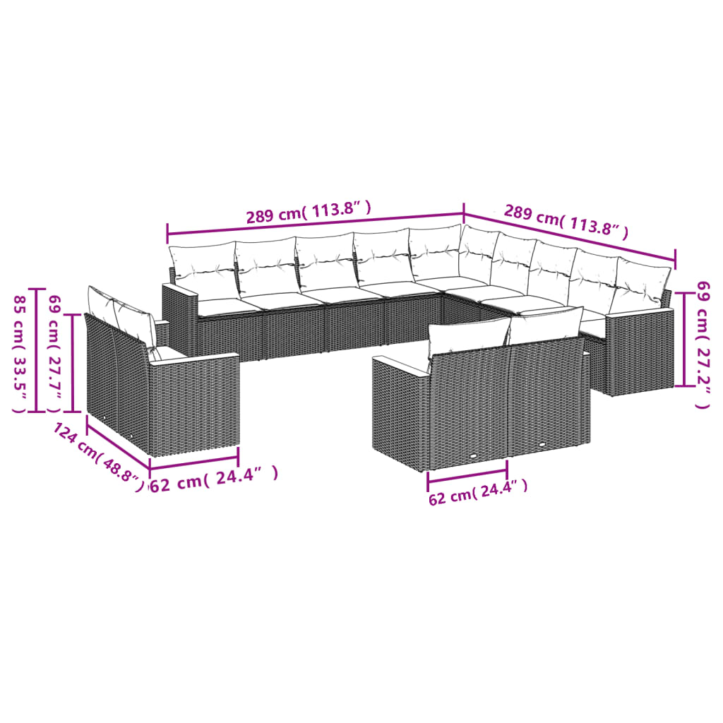 13-teiliges Gartensofa-Set mit Kissen, grau, Polyrattan