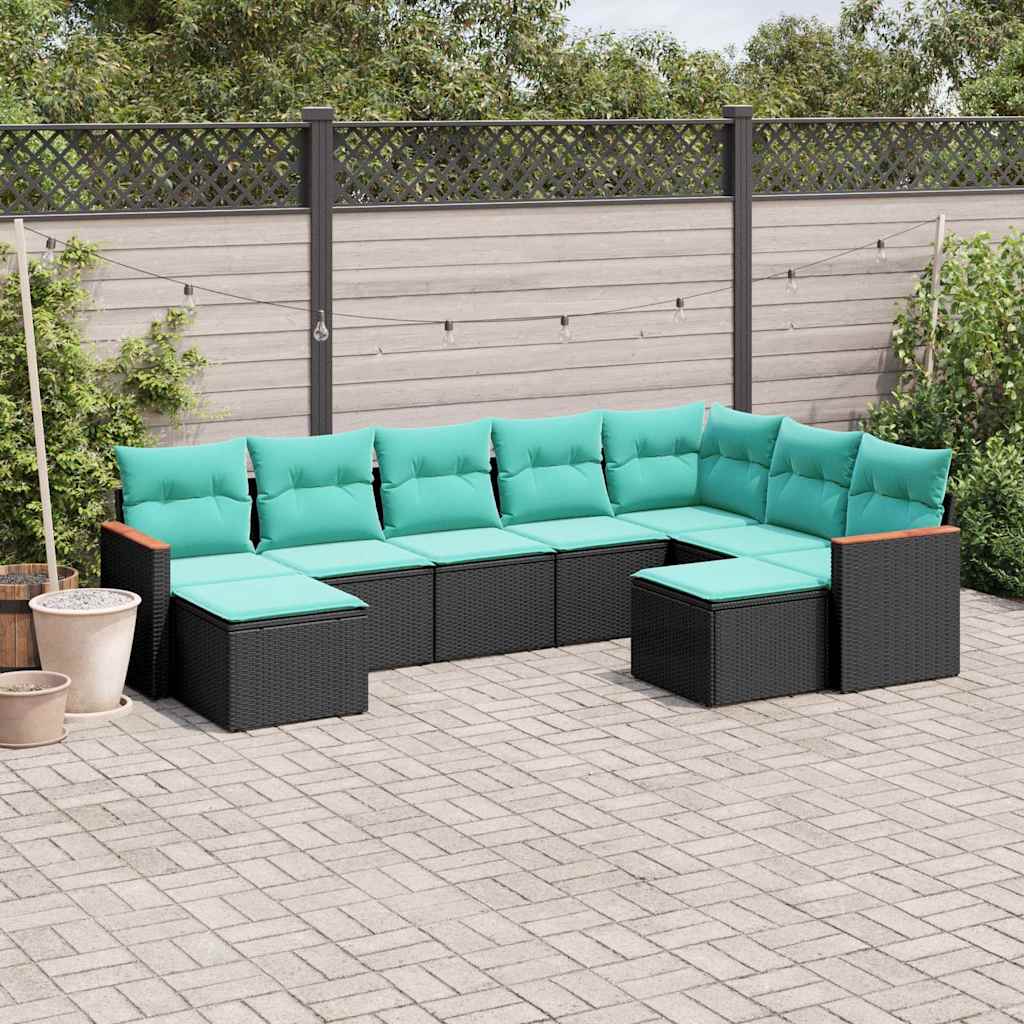9-teiliges Gartensofa-Set mit Kissen, schwarzes Polyrattan