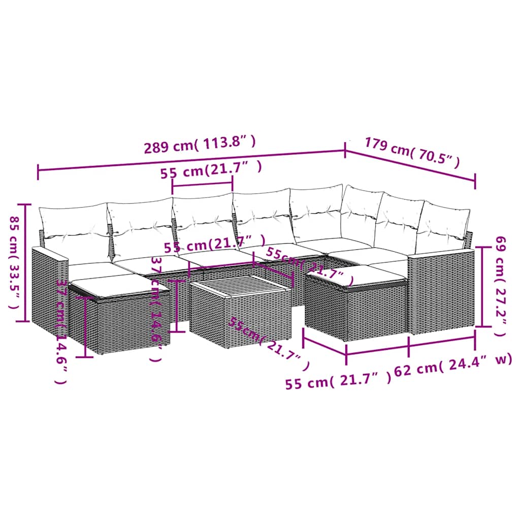 10-teiliges Gartensofa-Set mit Kissen, schwarzes Polyrattan
