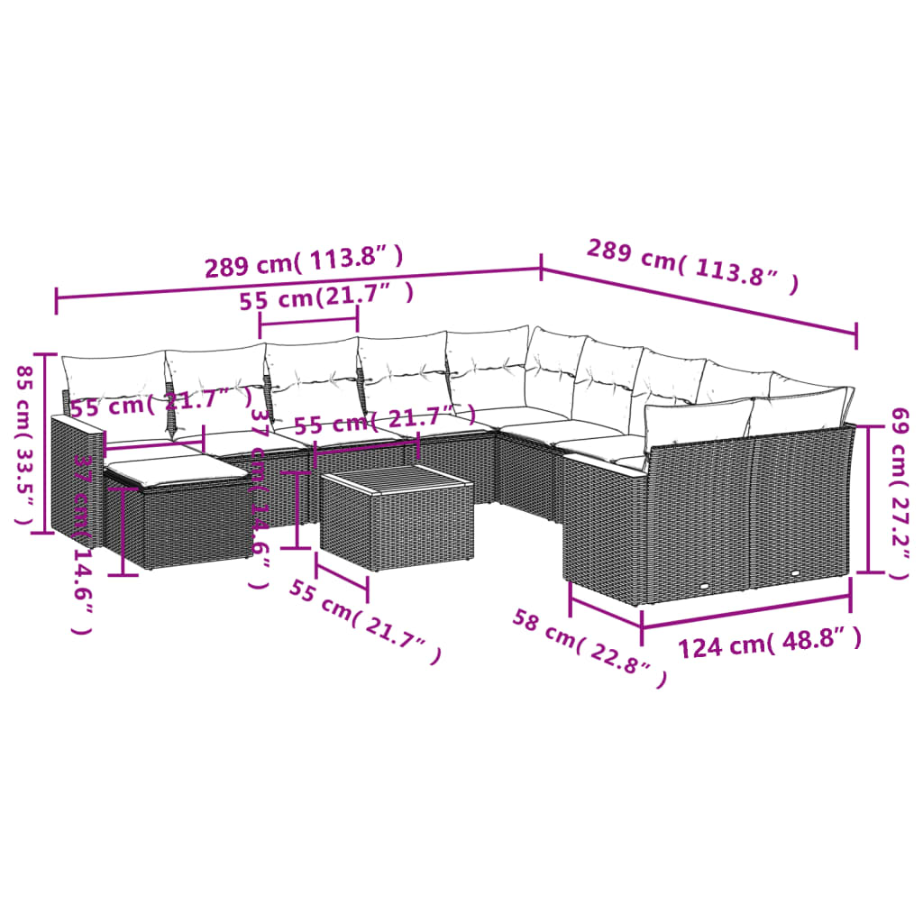 12-teiliges Gartensofa-Set mit Kissen, schwarzes Polyrattan