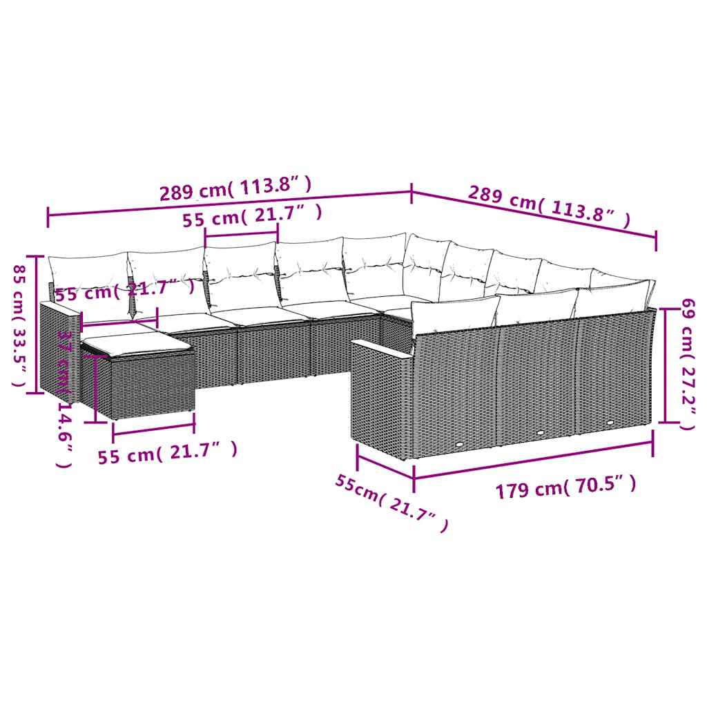 12-teiliges Gartensofa-Set mit Kissen, schwarzes Polyrattan