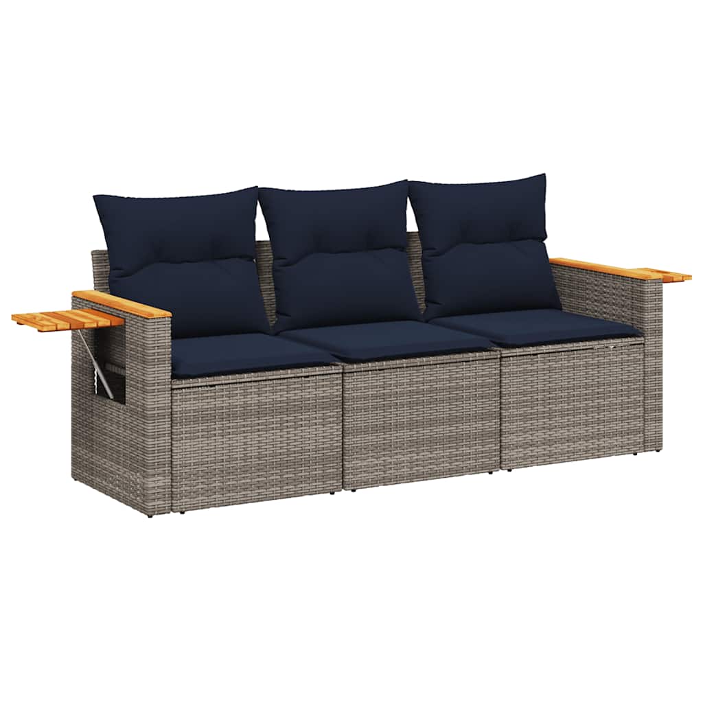 3-tlg. Garten-Sofagarnitur mit Kissen Grau Poly Rattan