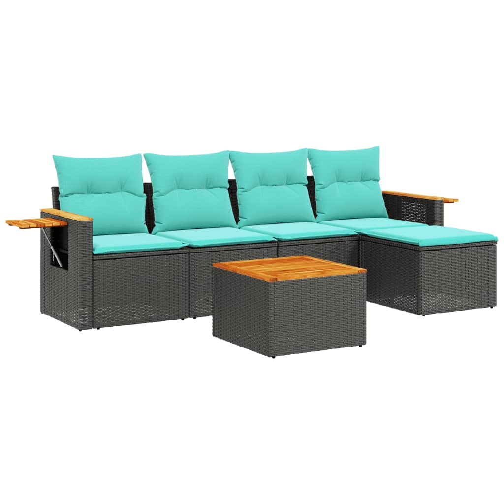 6-tlg. Garten-Sofagarnitur mit Kissen Schwarz Poly Rattan