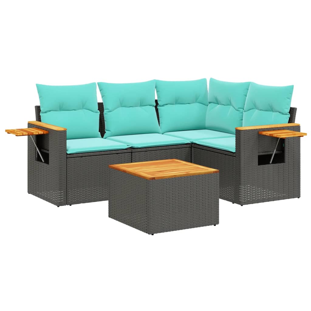 5-tlg. Garten-Sofagarnitur mit Kissen Schwarz Poly Rattan
