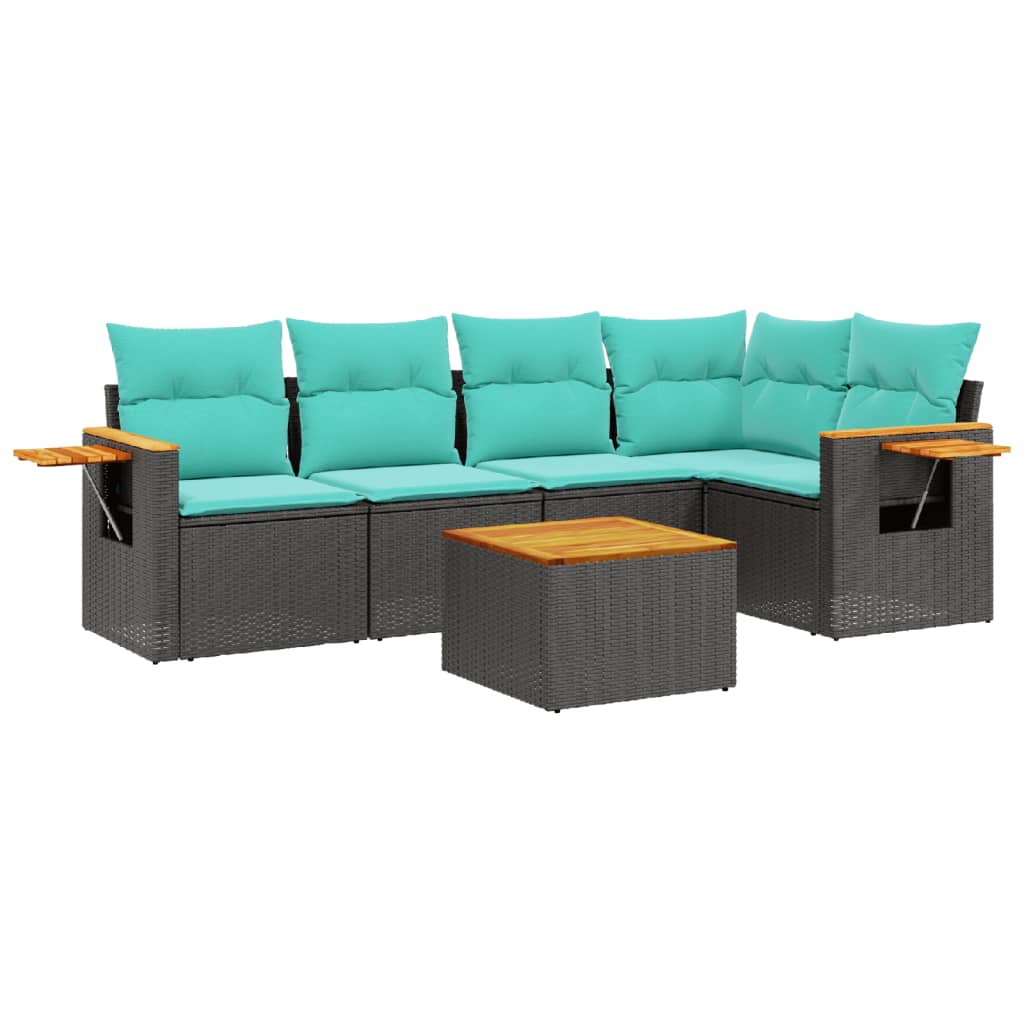 6-tlg. Garten-Sofagarnitur mit Kissen Schwarz Poly Rattan