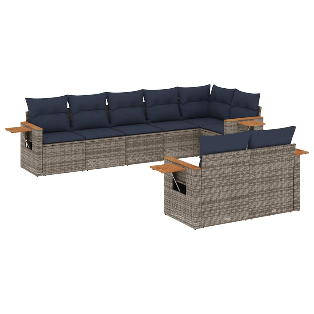 8-tlg. Garten-Sofagarnitur mit Kissen Grau Poly Rattan
