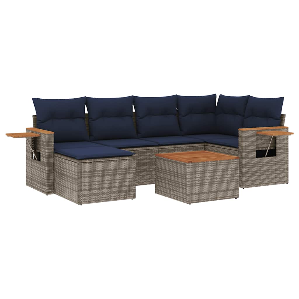 7-tlg. Garten-Sofagarnitur mit Kissen Grau Poly Rattan