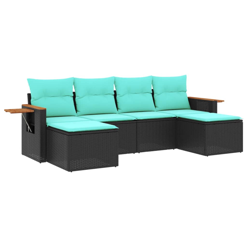6-tlg. Garten-Sofagarnitur mit Kissen Schwarz Poly Rattan