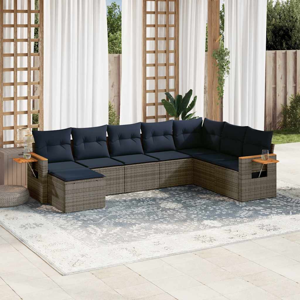 8-tlg. Garten-Sofagarnitur mit Kissen Grau Poly Rattan