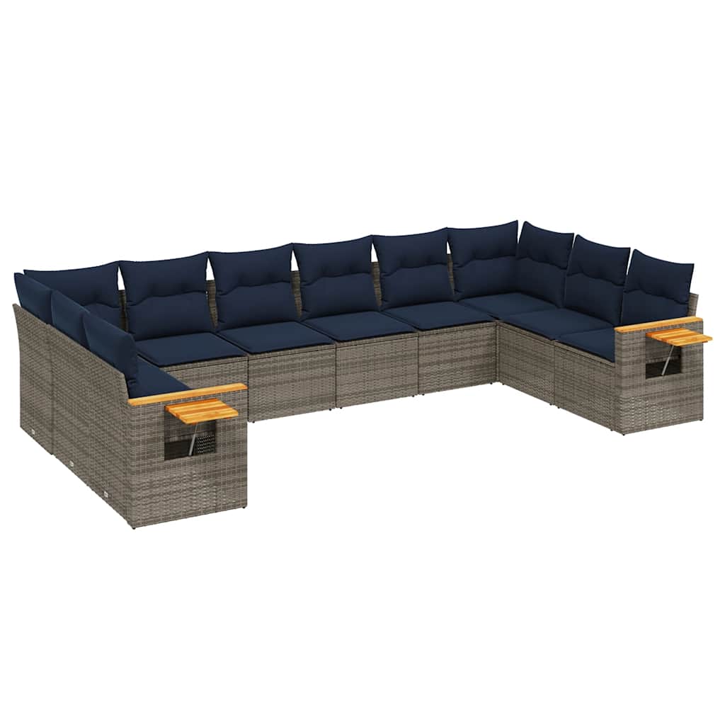 10-tlg. Garten-Sofagarnitur mit Kissen Grau Poly Rattan