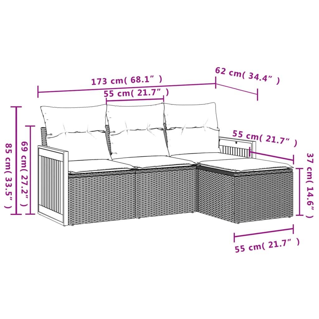 4-tlg. Garten-Sofagarnitur mit Kissen Grau Poly Rattan