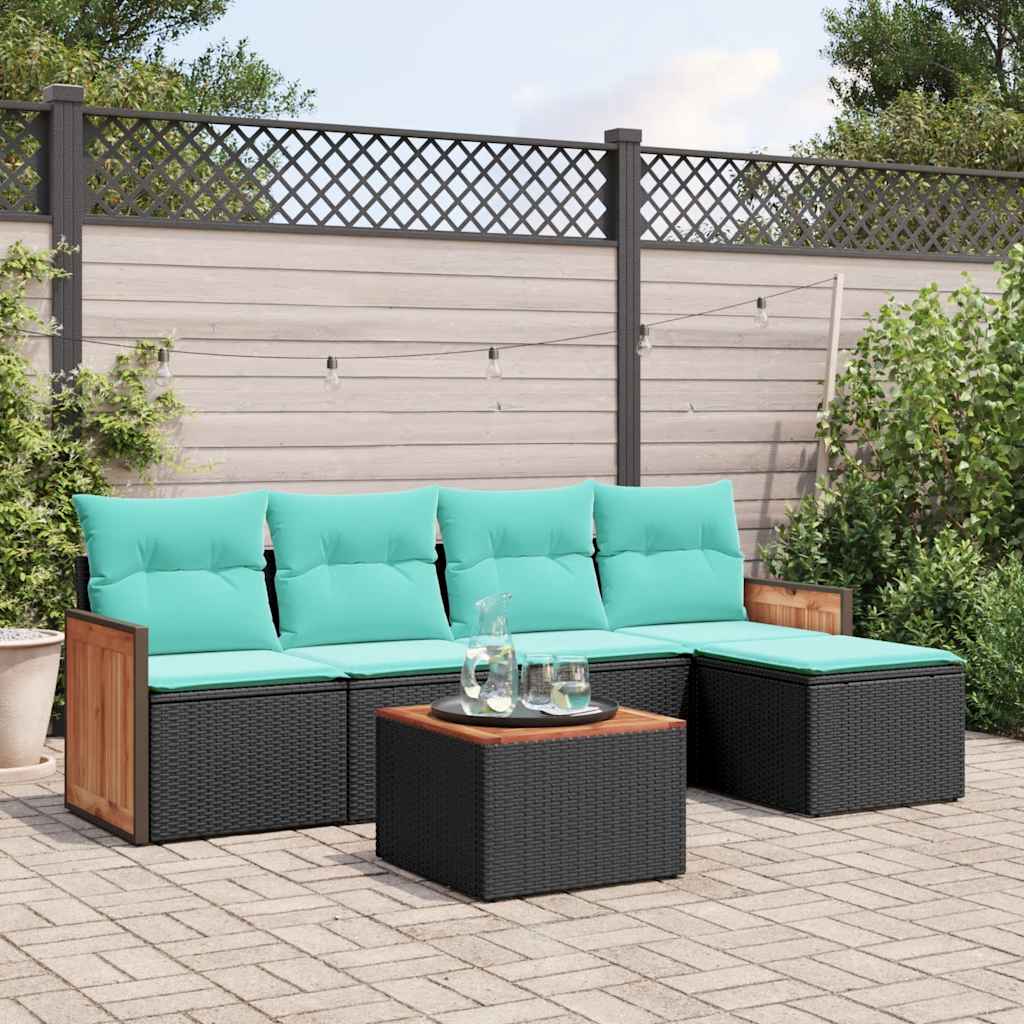 6-teiliges Gartensofa-Set mit Kissen, schwarzes Polyrattan