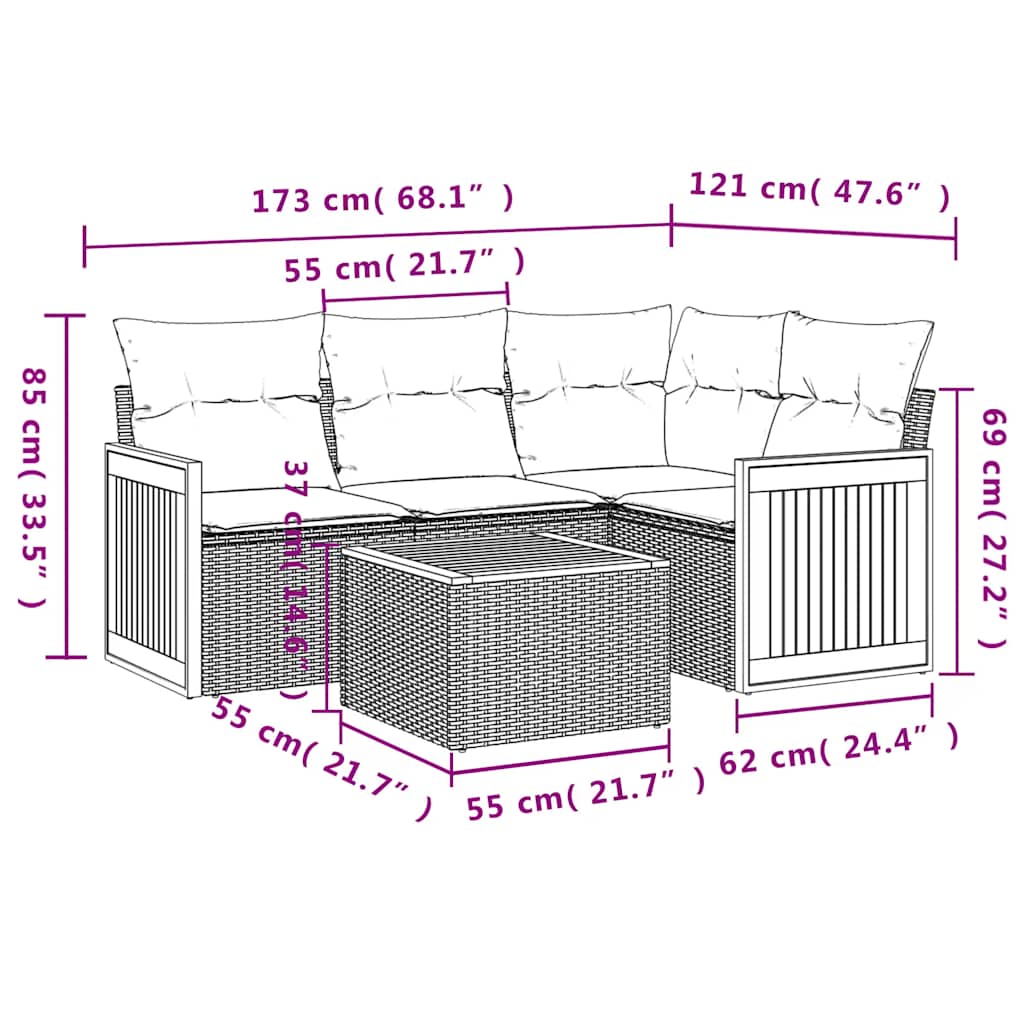 5-teiliges Gartensofa-Set mit Kissen, schwarzes Polyrattan